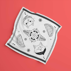Bandana unisex de algodón 100% de la colección Paliacate, en color blanco con estampados lineales negros de gatos con keffiyeh palestino y motivos florales tradicionales, sobre un fondo rojo.