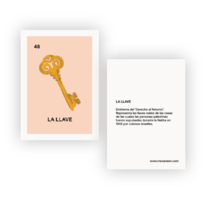 Ilustración de tarjeta de lotería con fondo beige cálido y el número 48, mostrando una llave antigua de metal dorado y el texto "LA LLAVE".