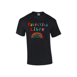 Playera negra con el texto Palestina Libre en letras de colores y una ilustración de un arcoíris multicolor debajo.