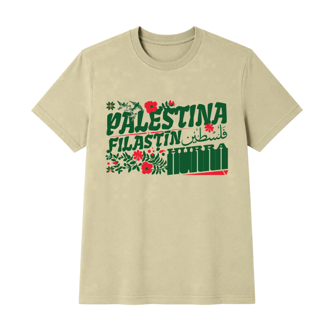 Playera beige de manga corta con un bloque tipográfico retro en color verde y rojo con la palabra "PALESTINA", la transliteración "FILASTĪN", caligrafía árabe "فلسطين" y la palabra "HURRA", decorada con motivos florales y pájaros estilo bordado tatreez.