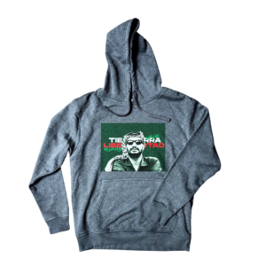 Sudadera gris heather con gráfico de Yasser Arafat portando keffiyeh y tipografía Tierra y Libertad en español y árabe