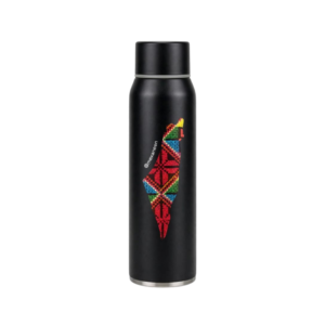 Termo de acero inoxidable color negro con estampado gráfico del mapa de Palestina ilustrado con bordado tradicional Tatreez